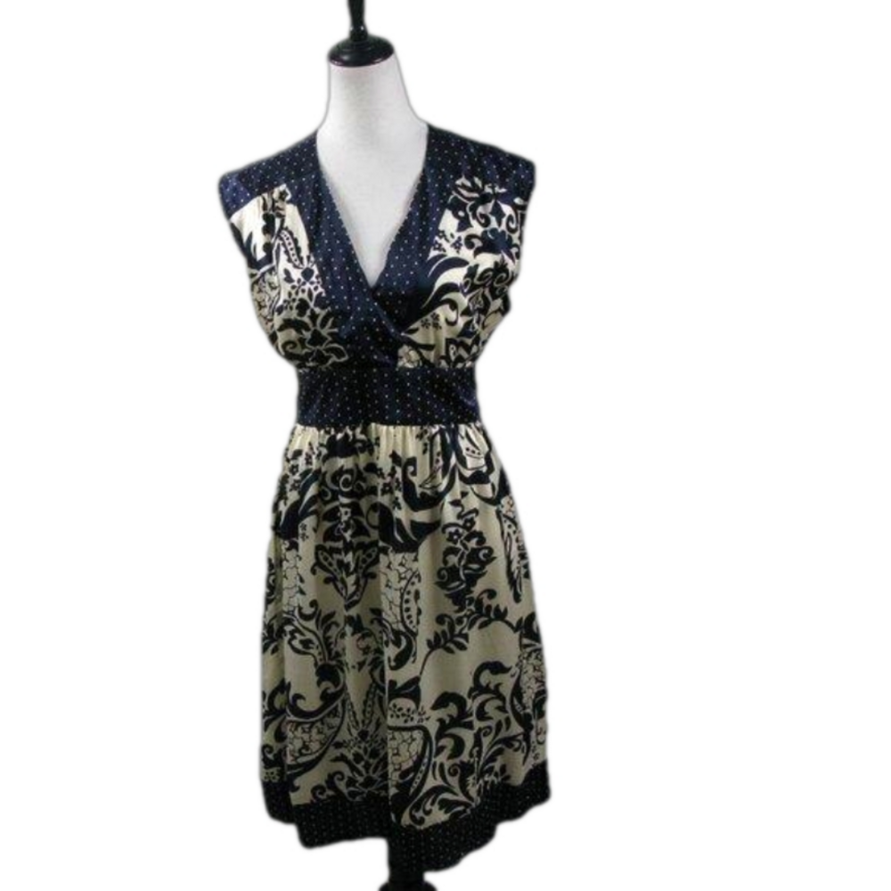 WD.NY Navy Blue/Cream Sleeveless 100% Silk Dress Size 6
